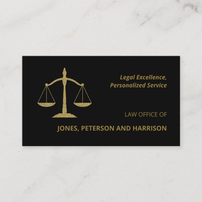 Lawyer Attorney Scale of Justice Gold Look Black Business Card (Front)