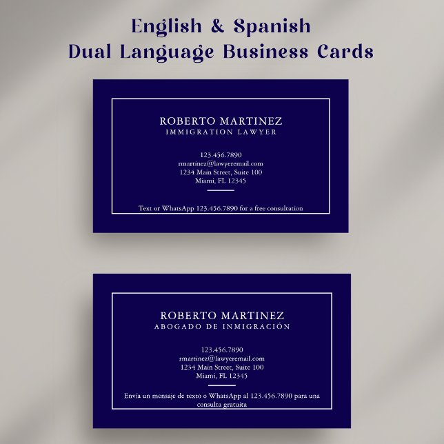 Lawyer Bilingual English Spanish Custom Navy Blue  Business Card (Creator Uploaded)