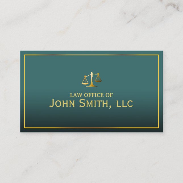 Lawyer Classy Gold Framed Green Attorney Business Card (Front)