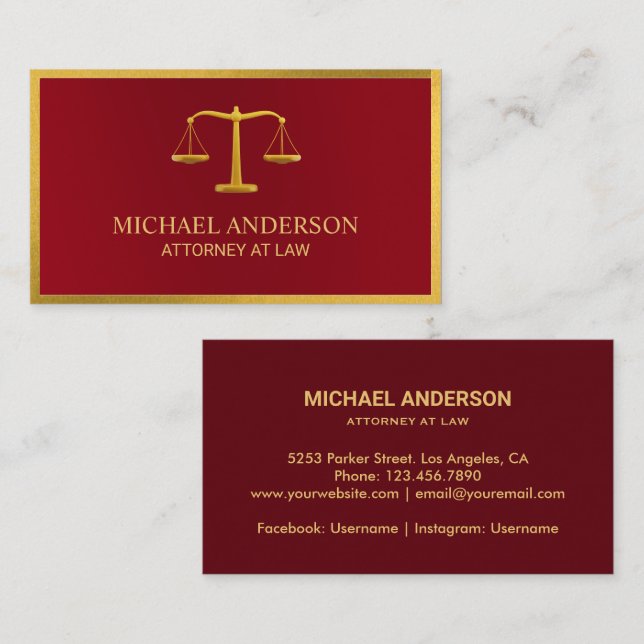 Lawyer Gold Justice Scale Elegant Dark Red  Business Card (Front/Back)
