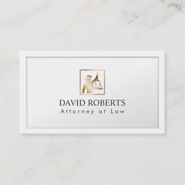 Lawyer Gold Lady Justice Logo Elegant White Border Business Card (Front)