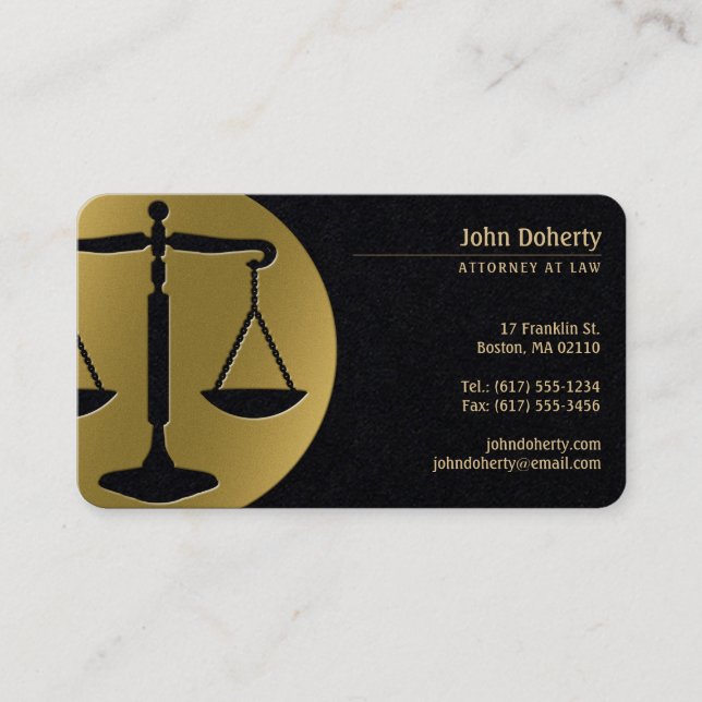 Lawyer | Golden Black Scales of Justice Business Card (Front)