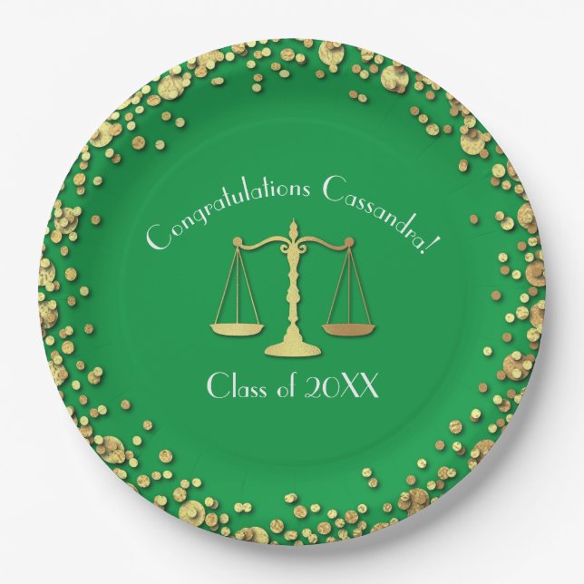 Lawyer Graduation Green SIlver Paper Plate (Front)