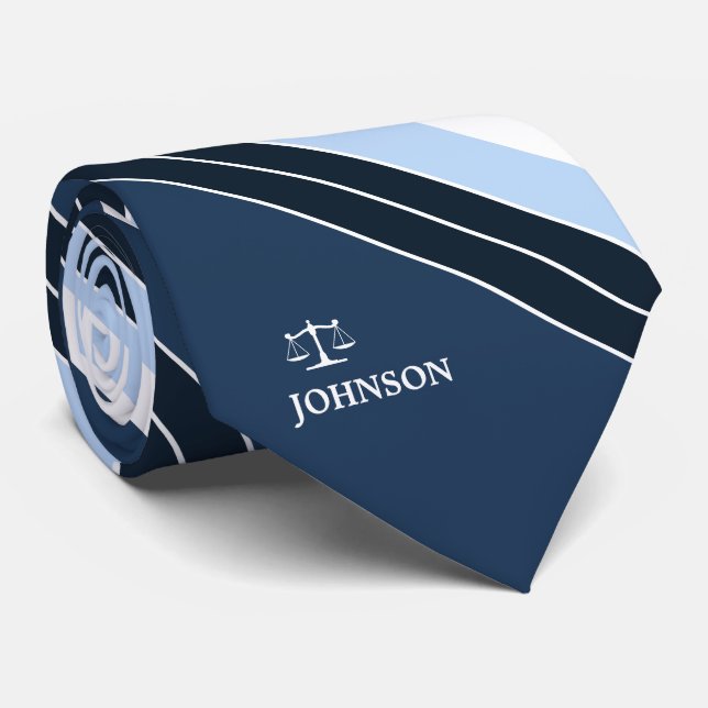 Lawyer Justice of Scale Navy Blue White Stripes Tie (Rolled)