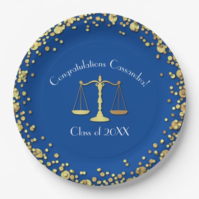 Lawyer Law School Blue Gold Graduation Party Paper Plate (Front)