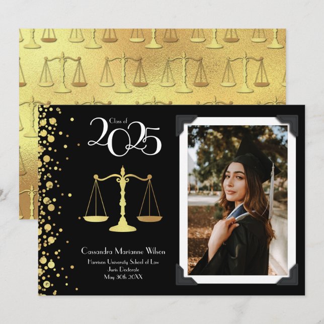 Lawyer Law School Gold Graduation Black Invitation (Front/Back)