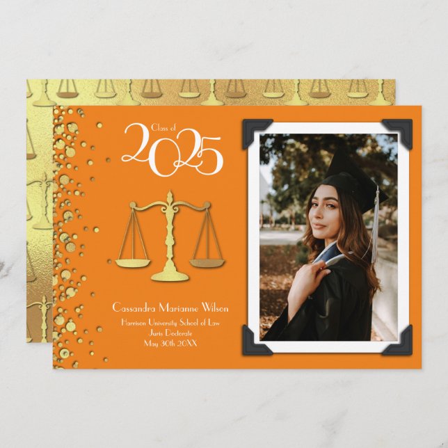Lawyer Law School Gold Graduation Orange Invitation (Front/Back)