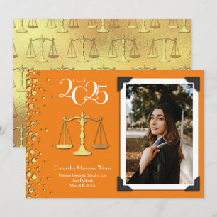 Lawyer Law School Gold Graduation Orange Invitation