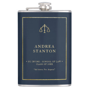 Lawyer Law School Grad Gift Navy Gold Frame Custom Hip Flask