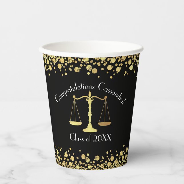 Lawyer Law School Graduation Party Black Gold Paper Cups (Front)