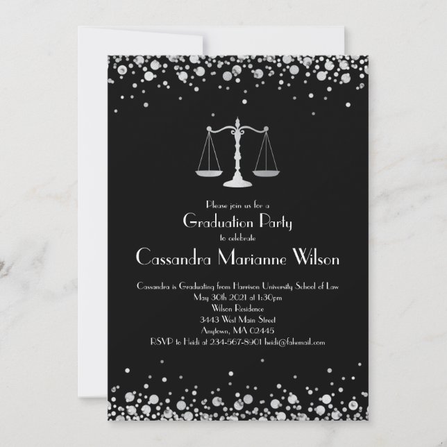 Lawyer Law School Graduation Party Black Silver Invitation (Front)