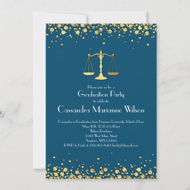Lawyer Law School Graduation Party Gold Blue Invitation (Front)