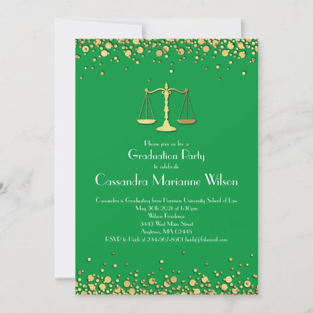 Lawyer Law School Graduation Party Gold Green Invitation (Front)