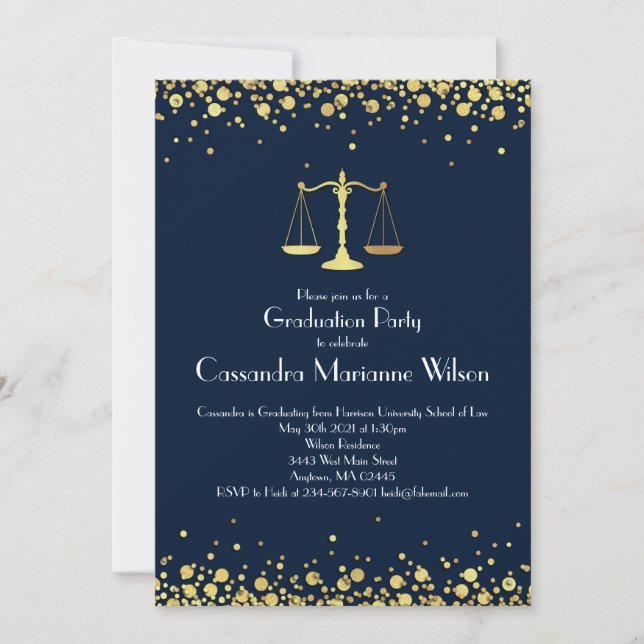 Lawyer Law School Graduation Party Gold Navy Blue Invitation (Front)