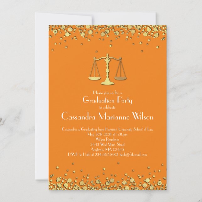 Lawyer Law School Graduation Party Gold Orange Invitation (Front)