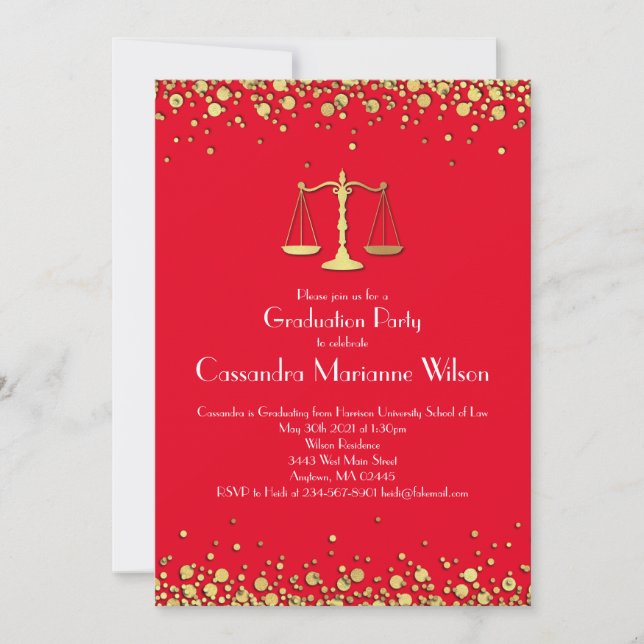 Lawyer Law School Graduation Party Gold Red Invitation (Front)