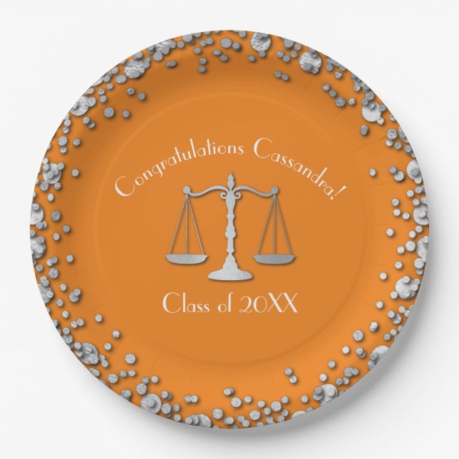 Lawyer Law School Graduation Party Silver Orange Paper Plate (Front)