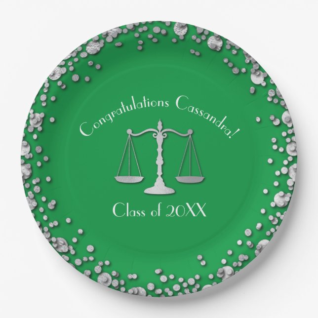 Lawyer Law School Green Silver Graduation Party Paper Plate (Front)
