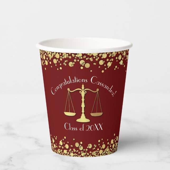 Lawyer Law School Maroon Gold Graduation Party Paper Cups (Front)
