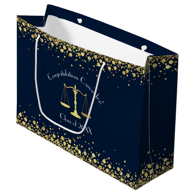 Lawyer Law School navy blue Gold Graduation Party Large Gift Bag (Front Angled)