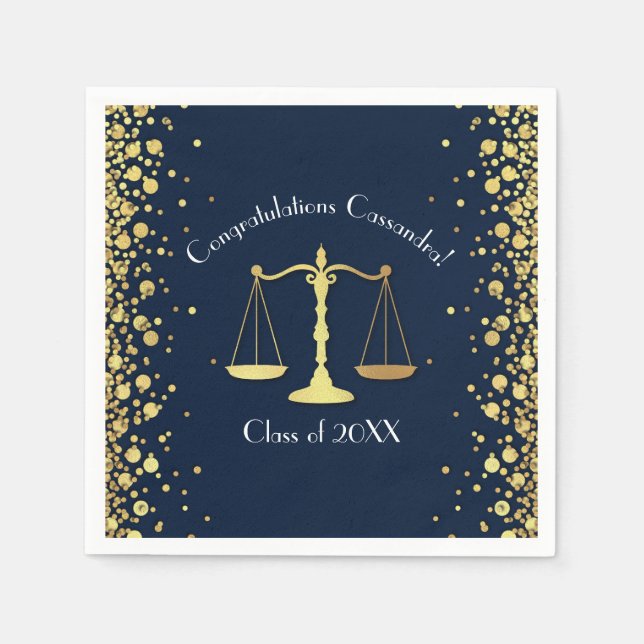 Lawyer Law School navy blue Gold Graduation Party Napkin (Front)