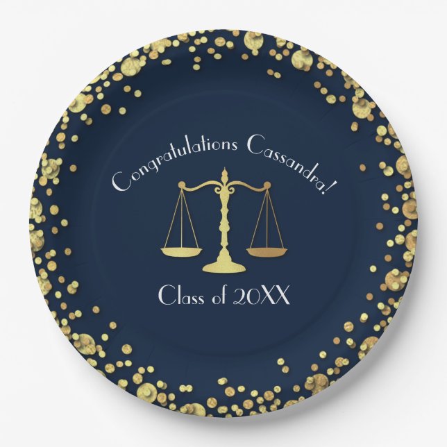 Lawyer Law School navy blue Gold Graduation Party Paper Plate (Front)