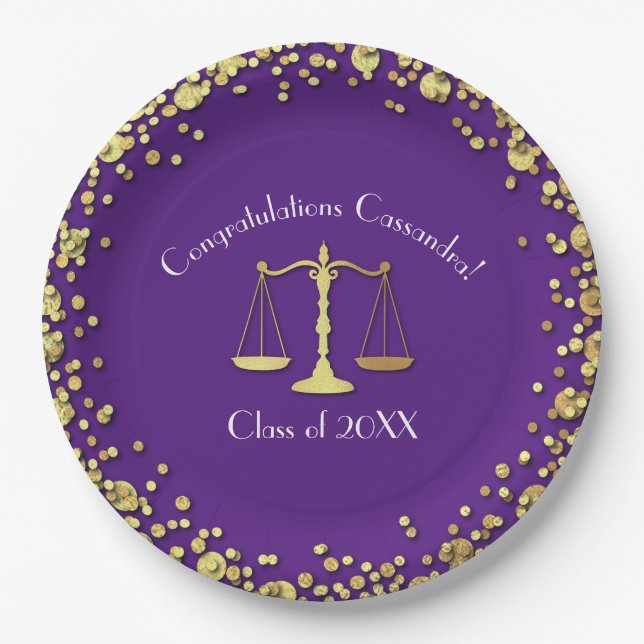 Lawyer Law School Purple Gold Graduation Party Paper Plate (Front)