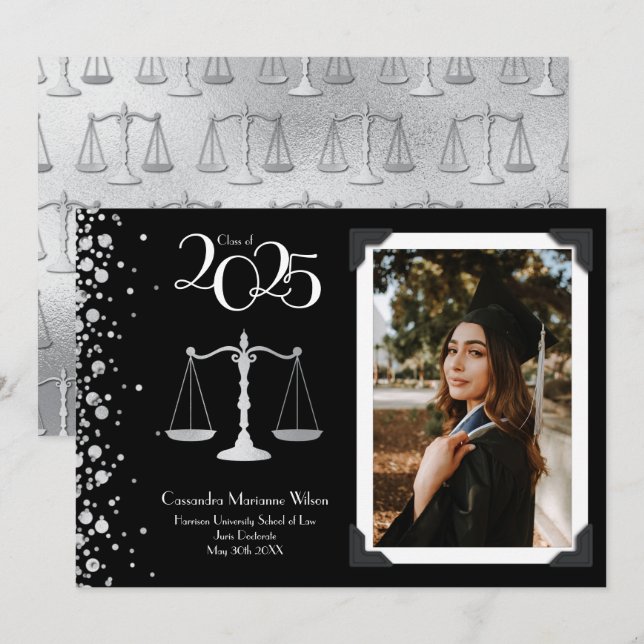 Lawyer Law School Silver Graduation Black Invitation (Front/Back)
