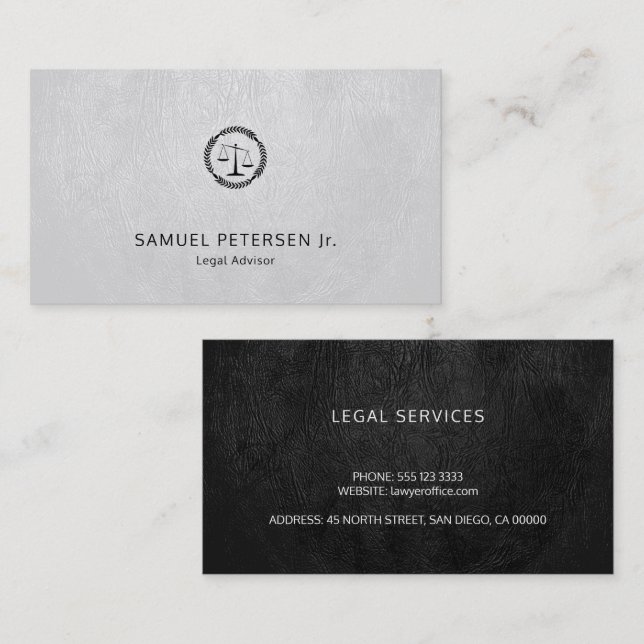 Lawyer luxury black scale white leather look business card (Front/Back)