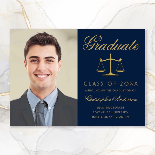 Lawyer Navy Blue Gold Script Photo Graduation Announcement (Navy Blue and Gold Scales of Justice Photo Graduation Announcement for Lawyers)