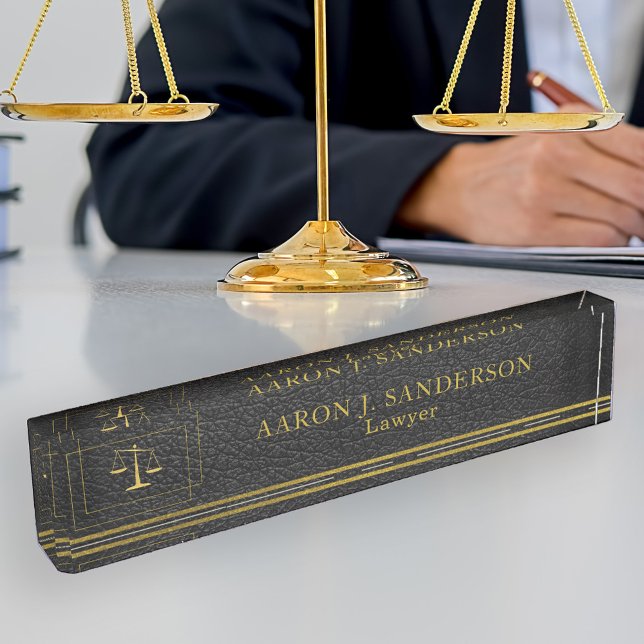 Lawyer office elegant black leather and gold scale nameplate (Creator Uploaded)