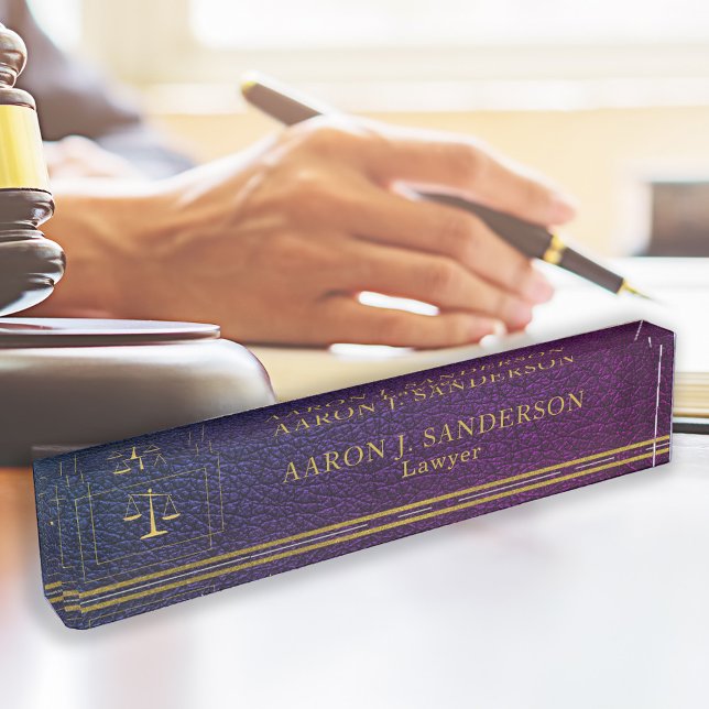 Lawyer office elegant gold scale purple leather nameplate (Creator Uploaded)