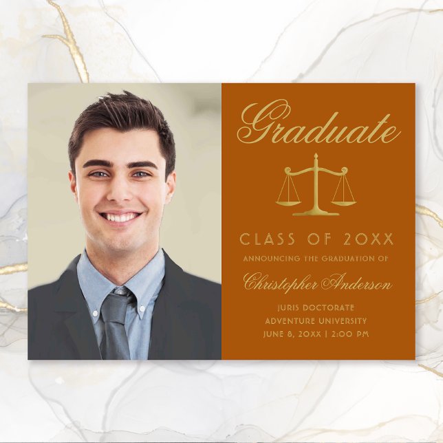 Lawyer Orange Gold Script Photo Graduation Announcement (Orange and Gold Scales of Justice Photo Graduation Announcement for Lawyers)