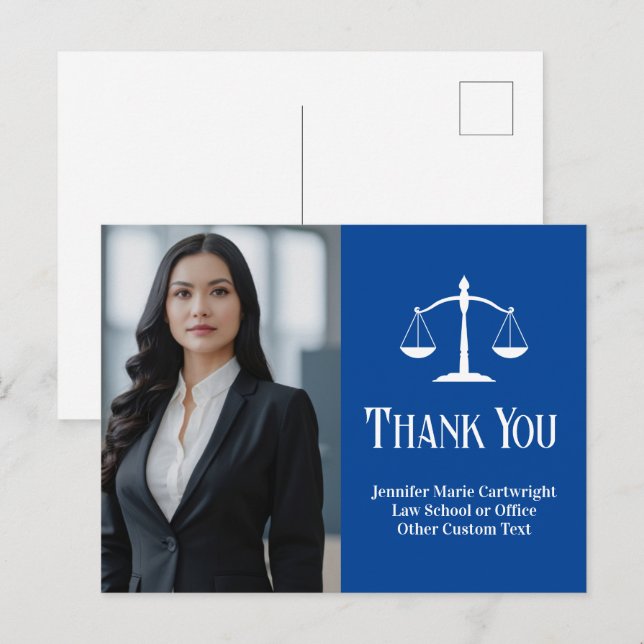 Lawyer Photo Scales of Justice Blue Thank You Postcard (Front/Back)