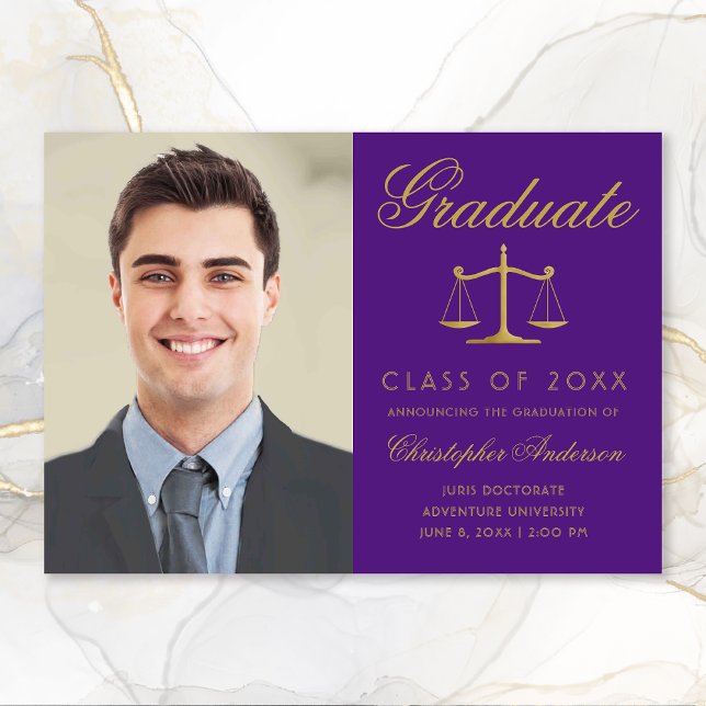 Lawyer Purple Gold Script Photo Graduation Announcement (Purple and Gold Scales of Justice Photo Graduation Announcement for Lawyers)