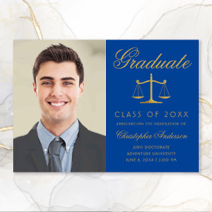 Lawyer Royal Blue Gold Script Photo Graduation Announcement