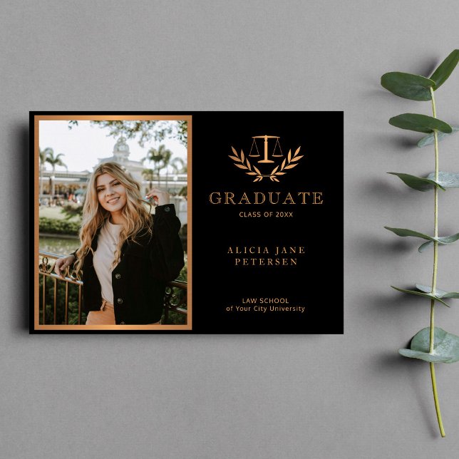 Lawyer scale of justice gold black 2024 graduation announcement (Creator Uploaded)