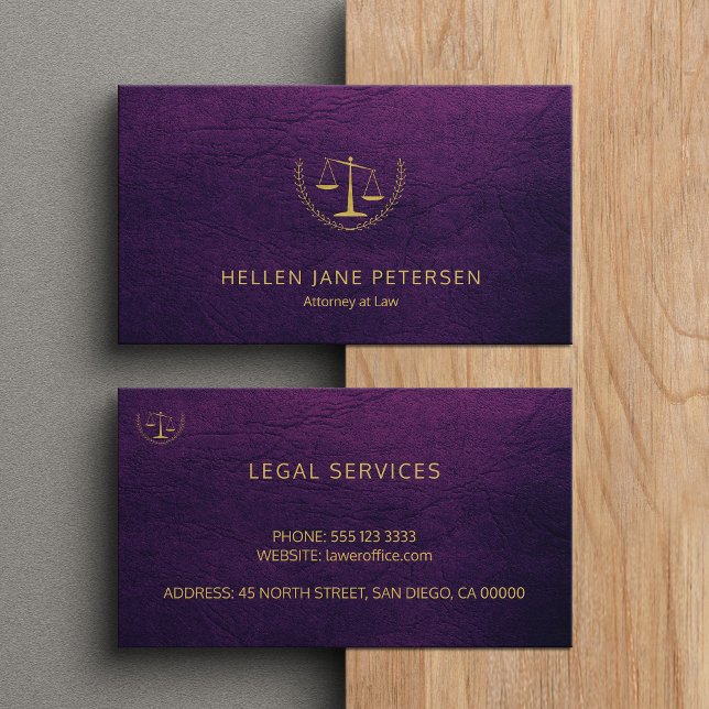 Lawyer upscale elegant gold purple leather look business card (Creator Uploaded)