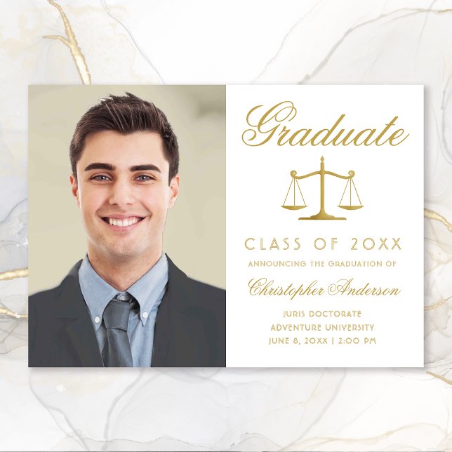 Lawyer White Gold Script Photo Graduation Announcement (White nd Gold Scales of Justice Photo Graduation Announcement for Lawyers)