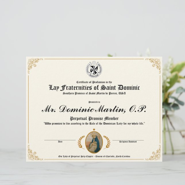 Lay Dominican Certificate (Standing Front)