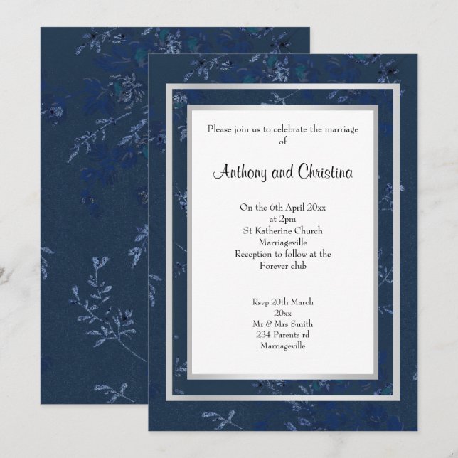 LAYER NAVY BLUE SILVER FLOATING ELEGANT WEDDING INVITATION (Front/Back)