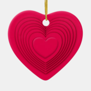 Layered 3-d hearts - rose red ceramic tree decoration