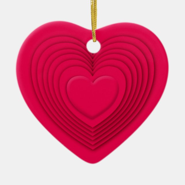 Layered 3-d hearts - rose red ceramic tree decoration (Front)