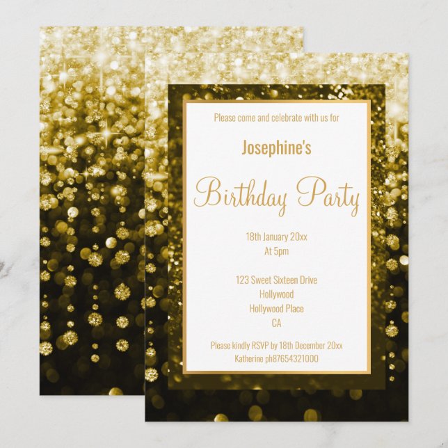 LAYERED BLACK & GOLD DIAMONDS CUSTOM BIRTHDAY INVITATION (Front/Back)