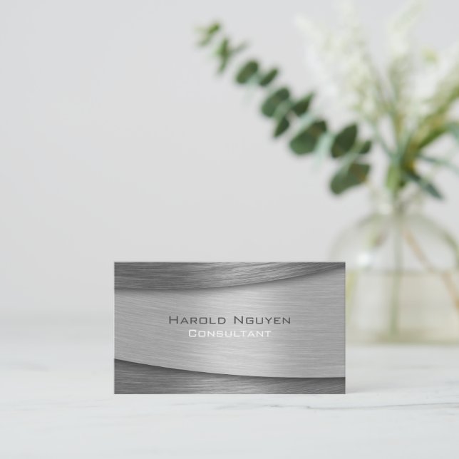 Layered Brushed Metal Metallic Stainless Steel Business Card (Standing Front)