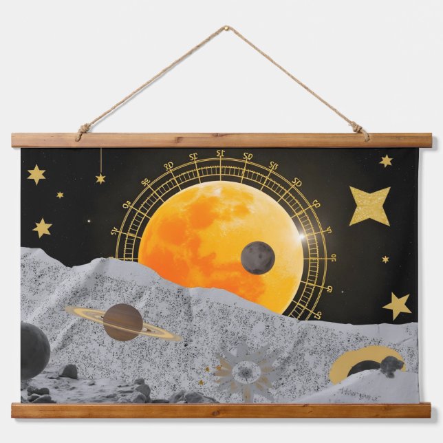 Layered collage aesthetics with celestial motifs,  hanging tapestry (Front)