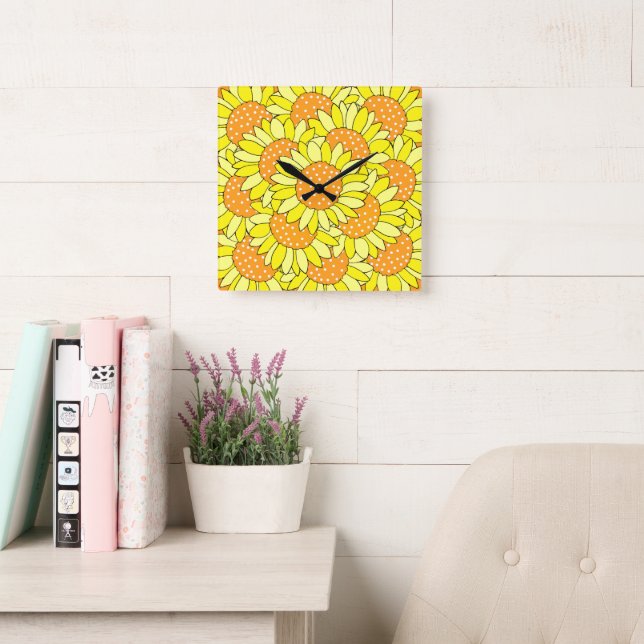 Layered Hand Drawn Yellow Orange Sunflowers Square Wall Clock (Reading Room)