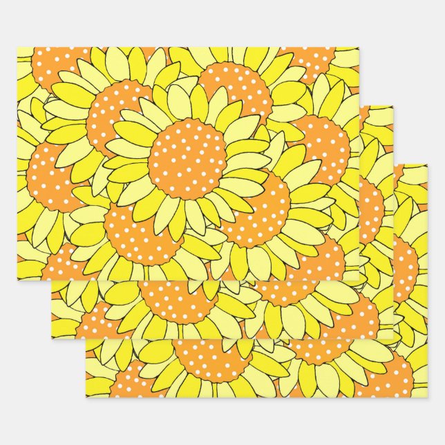 Layered Hand Drawn Yellow Orange Sunflowers Wrapping Paper Sheet (Set)