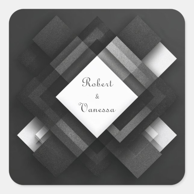 Layered Monochrome Geometric Abstract Wedding Square Sticker (Front)
