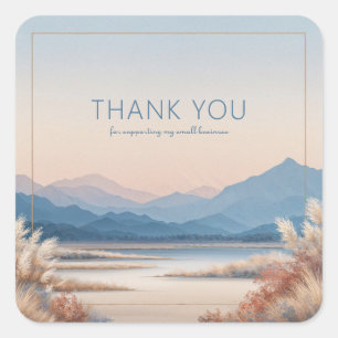 Layered Mountain Pampas Grass Sunset Gold Frame Square Sticker